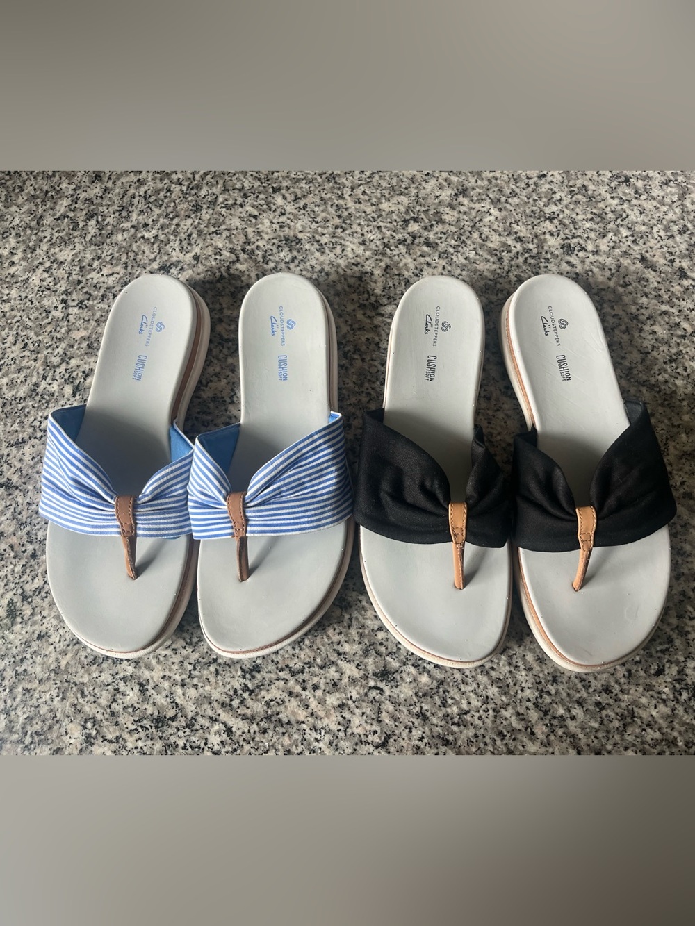 Both Pair Of Cloudsteppers by Clarks Blue Stripe & Black Bow Toe-Post Sandals